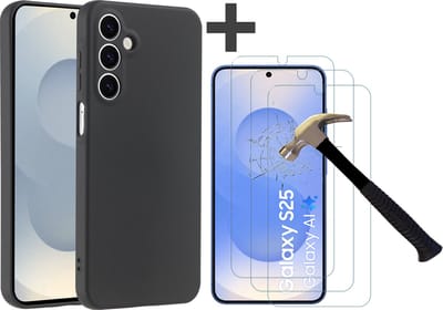 Hoesje geschikt voor Samsung Galaxy S25 hoesje zacht siliconen met 3 Stuks gehard glas Screenprotectors- Arara backcover - Zwart
