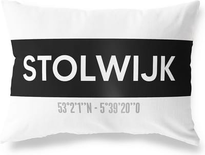 Tuinkussen STOLWIJK - ZUID-HOLLAND met coördinaten - Buitenkussen - Bootkussen - Weerbestendig - Jouw Plaats - Studio216 - Modern - Zwart-Wit - 50x30cm
