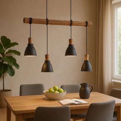 Lindby - hanglamp - 4lichts - IJzer, eucalyptushout - H: 28 cm - E14 - zwart, licht hout