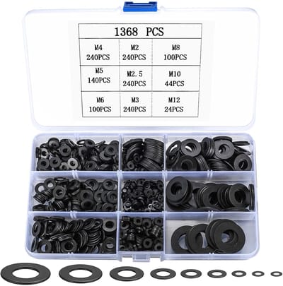 ringen van 1368 stuks, RVS trays, deurscharnieren, platte ringen, zekeringschijven, set, metalen schijven M2 M2.5 M3 M4 M5 M6 M8 M10 M12 (1368 zwart)