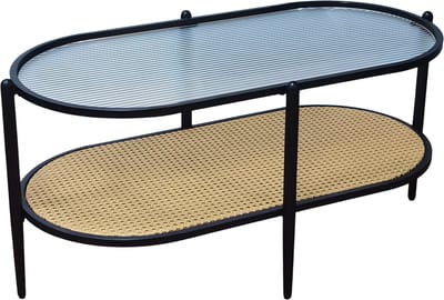 Ovale Salontafel - Voor Woonkamer & Slaapkamer - 2-Laags Opbergplank met Metalen Frame - Watergolf Glazen Tafelblad, Boerderijstijl - Zwart