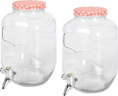 2x stuks glazen drankdispensers/limonadetap met rood/wit geblokte dop 4 liter - Tapkraantje