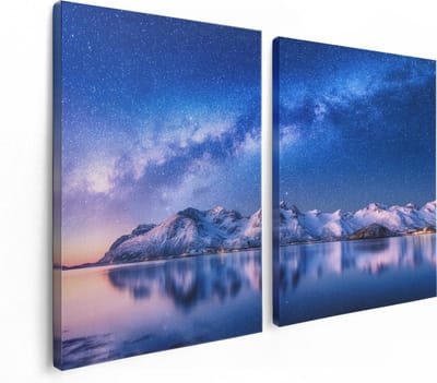 Artaza Canvas Schilderij Tweeluik Melkweg Bij Besneeuwde Bergen - 120x80 - Foto Op Canvas - Canvas Print