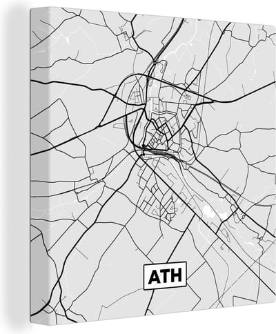 Canvas Schilderij Stadskaart – Zwart Wit - Kaart – Ath – België – Plattegrond - 20x20 cm - Wanddecoratie