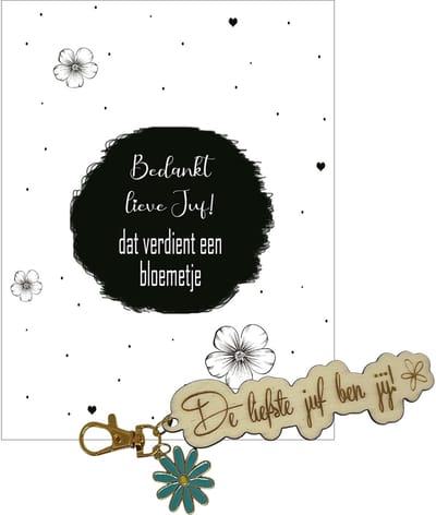 Sleutelhanger en kaartje JUF | blauw | bloemen | jij bent de liefste | liefste juf | topjuf | einde schooljaar | cadeau
