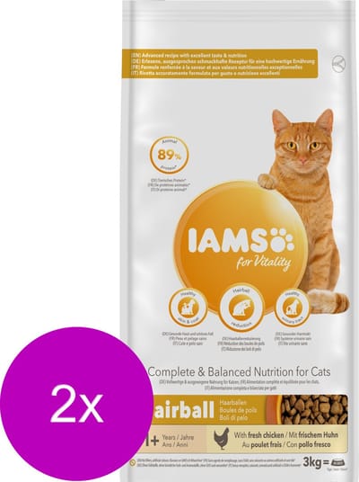 Iams Cat Adult Hairball Kip - Kattenvoer - 2 x 3 kg