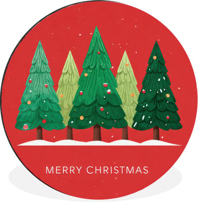 WallCircle - Wandcirkel - Muurcirkel - Minimalistisch - Kerstbomen - Rood - Sneeuw - Aluminium - Dibond - 30x30 cm - Binnen en Buiten