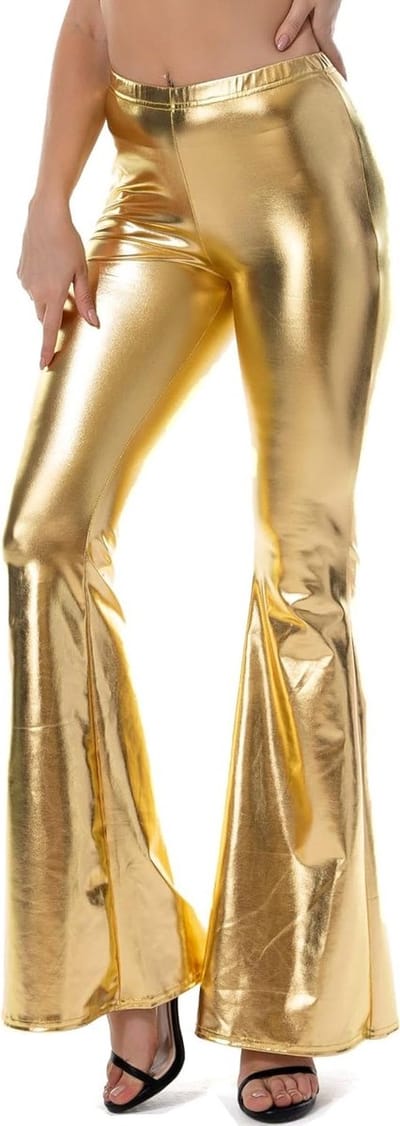Shiny Metallic Disco Broek met Elastische Taille, Bell Bottom Flared Stijl voor 70's Thema Feest en Cosplay