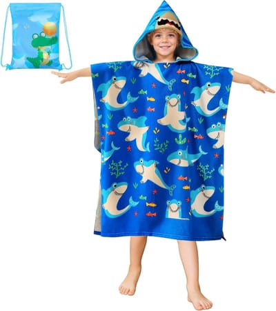 Microfiber Badponcho voor Kinderen met Capuchon - Absorberende Strandhanddoek voor Jongens en Meisjes van 6-15 Jaar, Blauw Haai Ontwerp, Ideaal voor Zwemmen en Vakantie 75 x 180 cm