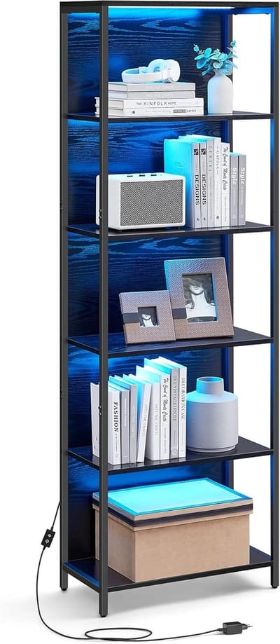 Furnstar - Boekenkast met 6 niveaus - Staand rek met verstelbare ledverlichting - Rek met stalen frame - 30,3 x 60 x 178,6 cm - Voor woonkamer slaapkamer werkkamer - Ebbenzwart