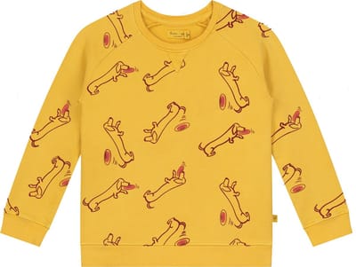 Smitten Organic Unisex Sweater in Sea Annemone geel met all-over 'Teckel Billy at Beach' print
