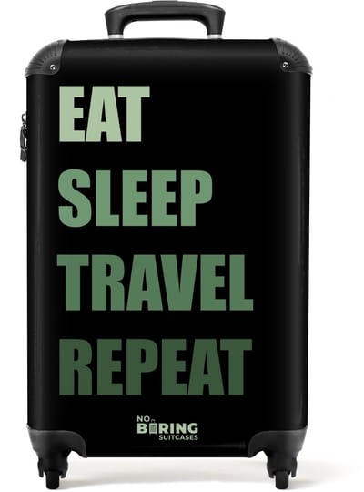 NoBoringSuitcases.com® - Handbagage koffer lichtgewicht - Reiskoffer trolley - Zwart met groene tekst Eat Sleep Travel Repeat - Vakantie rolkoffer met wieltjes - Carryon suitcase - Flightcase - Cabin koffertje - Past binnen 55x40x20 en 55x35x25