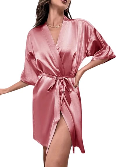 Livano Satijnen Badjas Dames - Kimono - Kamerjas - Satijn - Ochtendjas - Pyjama - Roze - Maat S