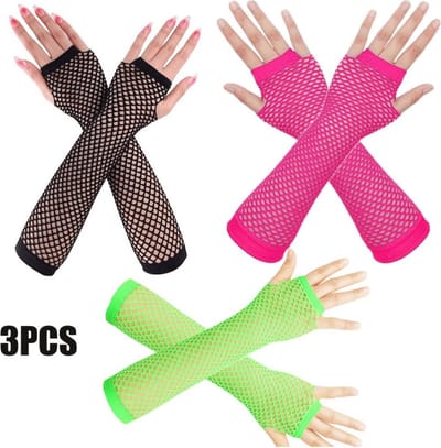 3 paar vingerloze nethandschoenen zwart - roze - fluoserend groen