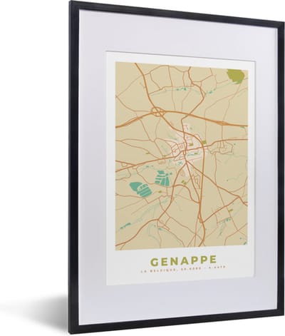 Fotolijst incl. Poster - Kaart - Vintage - Plattegrond - Stadskaart - België - Genappe - 30x40 cm - Posterlijst