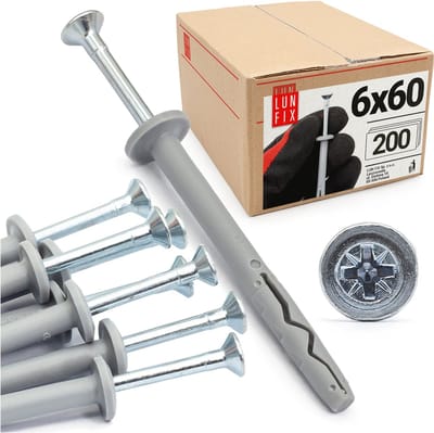 LUN FIX - Nageldübel 6x60mm - 200 Stük - Pilzkopf - Rahmendübel - Schnellmontage Dübel