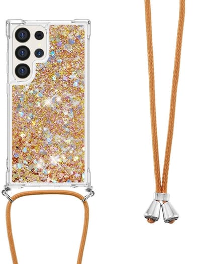 Coverup Hoesje - Geschikt voor Samsung Galaxy S25 Ultra Hoesje - Coverup Liquid Glitter Back Cover met Koord - Goud