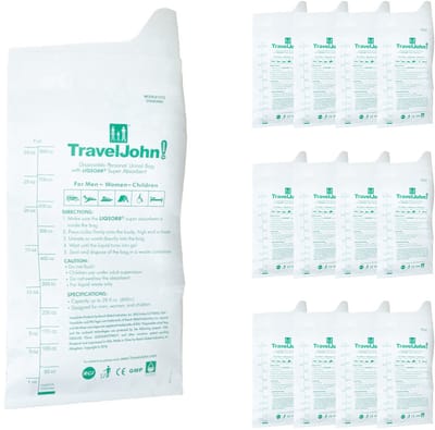 TravelJohn Plaszak - 12 stuks - 800 ml - Lekvrij & Geurloos - Unisex Wegwerp Urinaal - Reis toilet - Noodtoilet - Papier