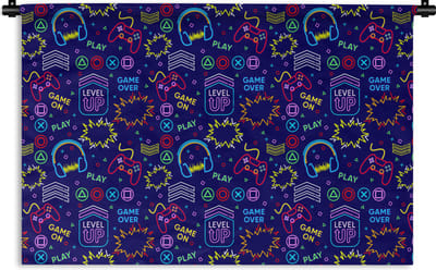 Wandkleed - Wanddoek - Gaming - Neon - Koptelefoon - Design - 180x120 cm - Wandtapijt
