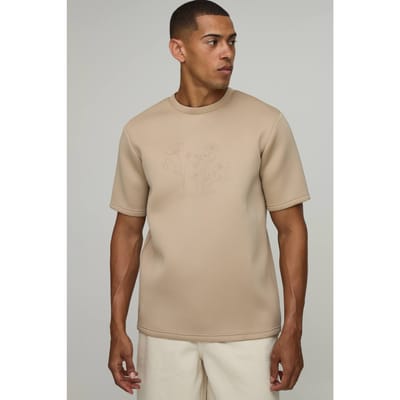 Gebloemd Bedrukt Regular Fit Bonded Scuba T-shirt | Taupe | Size XS