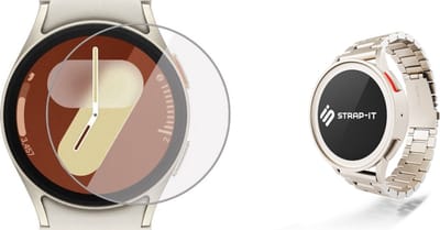 Strap-it Stalen band + Screenprotector geschikt voor Samsung Galaxy Watch 7 40mm / Watch 6 40mm / Watch 5 40mm / Watch 4 40mm / Watch FE - Sterrenlicht/starlight - RVS armband - Stalen schakel armband