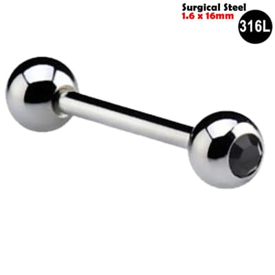 Tongpiercing - 1.6 x 16 mm - 316L Chirurgisch Staal - Barbell - Kristal - Zwart