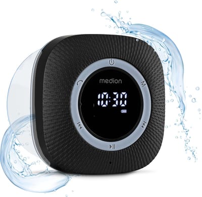 MEDION S66884 Douche radio met Bluetooth (badkamerradio, FM radio, zuignap, LED display, IPX6 waterproof, geïntegreerde oplaadbare batterij, MD43884) zwart