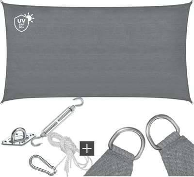 tectake® Rechthoekig Schaduwdoek Sunny - 2 x 4 m - Extra Stevig 185 g/m² HDPE Zonwering Doek - 50+ UV Bescherming - Weerbestendig en Scheurbestendig - Zonnescherm voor Tuin, Balkon, Terras - Zonnedoek inclusief Montagemateriaal - Grijs