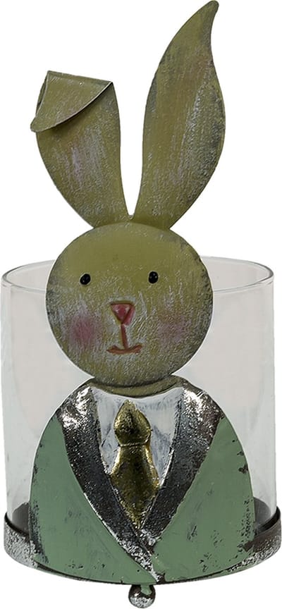 Clayre & Eef Windlicht Konijn 11x10x22 cm Groen Wit Metaal