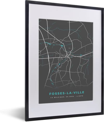 Fotolijst incl. Poster - Plattegrond – Fosses la Ville – Blauw – Stadskaart - Kaart - 30x40 cm - Posterlijst