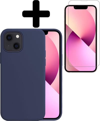 Hoesje - Met Screenprotector - Geschikt voor Apple iPhone 13 Mini - Sterk & Shockproof - Back Cover - Siliconen Case - Telefoon Hoes - Telefoonhoesjes - Donkerblauw