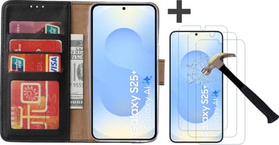 Hoesje met 3 Stuks Screenprotectors Geschikt voor Samsung Galaxy S25 Plus – Arara bookcase met pasjeshouder - Zwart