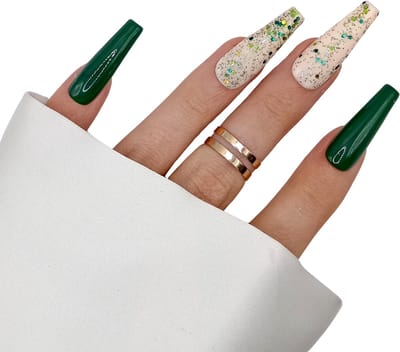 SD Press on Nails - B-202 - Plaknagels met nagellijm - XL Coffin - Green Glitter - Set 20 Nagels - Cosplay - Nepnagels - Valse Nagels - Extreem lange nageltips - Nail Art - Handgemaakt