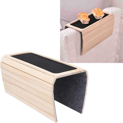 Houten banktafel - Armleuning dienblad - Drankjes en snacks - Opvouwbaar met lade - 43.5 x 34 cm - Houtkleur