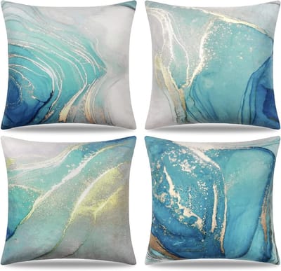 Set van 4 Decoratieve Kussenhoezen 45x45 cm Marmertextuur Turquoise en Goud voor Bank en Woondecoratie