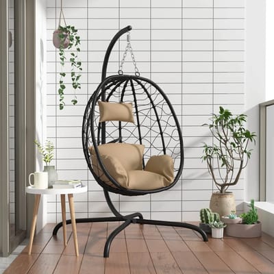 vidaXL - Hangende - Eivormige - Stoel - met - Kussen - Taupe - Poly - Rattan - & - Staal