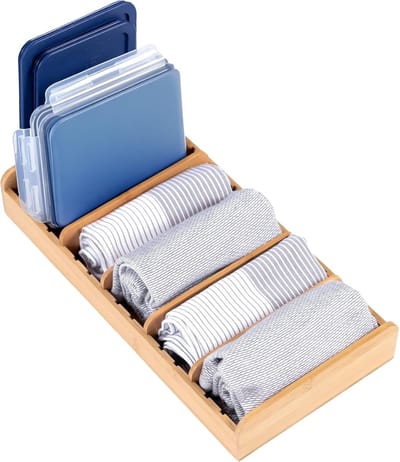 Famanu - Bamboe Handdoek en Levensmiddelen Organizer, 5 verstelbare wandinzetstukken met antislip voeten, voor laden, kasten en voorraadkast, zwarte afwerking