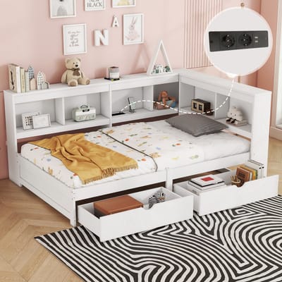 DESMIU Dagbed 90x200cm – Slaapbank Met Oplaadfunctie En Opberglades – Hoofdbord Met Opbergvakken – Voor Slaapkamer Of Logeerkamer – Wit Zonder Matras