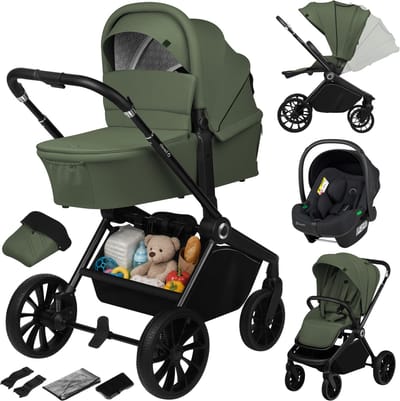 Lionelo Mika Plus - Kinderwagen 3in1 - XXL SET - incl. i-Size autostoel - Veelzijdig en jaarrond - Grote wielen - tot 22kg - Bediening met een hand - Voor alle soorten terrein - Accessoireset