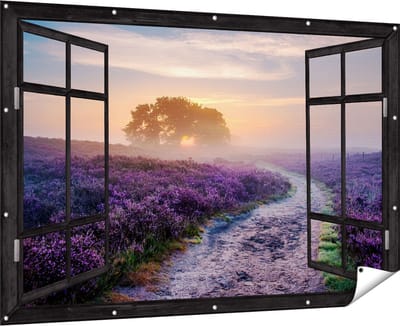 Gards Tuinposter Doorkijk Pad in de Weide van de Veluwe - 180x120 cm - Tuindoek - Tuindecoratie - Wanddecoratie buiten - Tuinschilderij