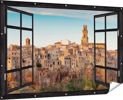 Gards Tuinposter Doorkijk Oude Stad in Toscane, Italië - 180x120 cm - Tuindoek - Tuindecoratie - Wanddecoratie buiten - Tuinschilderij