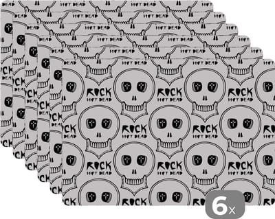 Placemat - Placemats kunststof - Doodskop - Quotes - Rock - Patronen - Gothic - 45x30 cm - 6 stuks - Hittebestendig - Anti-Slip - Onderlegger - Afneembaar