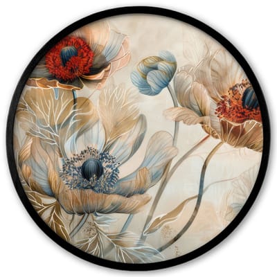 Poster in lijst Rond - Fotolijst 40x40 cm - Posters - Bloemen - Beige - Modern - Illustratie - Ronde posterlijst zwart - Decoratie - Wanddecoratie woonkamer - Muurdecoratie slaapkamer