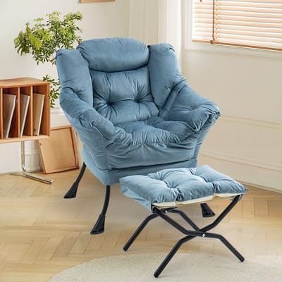 Fauteuil met voetenbank - Moderne Relaxstoel - Gestoffeerde bankstoel - Flueel - Zijzakken - Opvouwbare voetenbank - Ritssluiting installatie - Wit