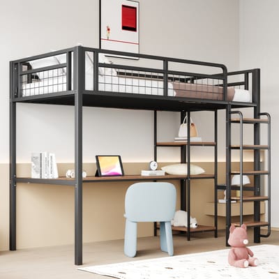 Metalen Hoogslaper 90*200 cm, Veiligheidsladder met Treden, Eenpersoonsbed, Kinderbed met Tafel en Planken, Veiligheidshek van Metaalgaas, Zwart