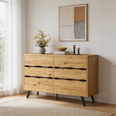 Komhtom - Moderne dressoirkast met 6 lades - 120×40×75,5 cm - Houtlook met metalen poten - Minimalistisch design voor woonkamer en eetkamer