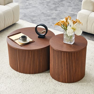 Set van 2 ronde salontafels - bijzettafels met verborgen opbergruimte - walnootlook - geribbeld design