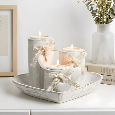 theelichthouder met dienblad, 3 stuks kandelaarset voor bruiloft, tafeldecoratie, hartvorm, woondecoratie, romantische woondecoratie, cadeau vriendin, verjaardag, verjaardagscadeau voor mama