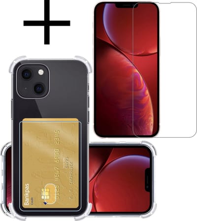 Hoesje - Geschikt voor Apple iPhone 14 - Met Screenprotector - En Pashouder - En Kaarthouder - Telefoon Hoes Shockproof - Siliconen Case - Back Cover - Shock Proof - Pasjes Houder - Transparant