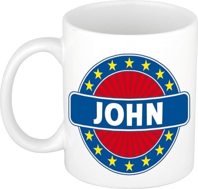 Bellatio Decorations - John voornaam - koffiemok - beker - wit/blauw - 300 ml - Cadeau - Heren - Collega - Vaderdag - Verjaardag